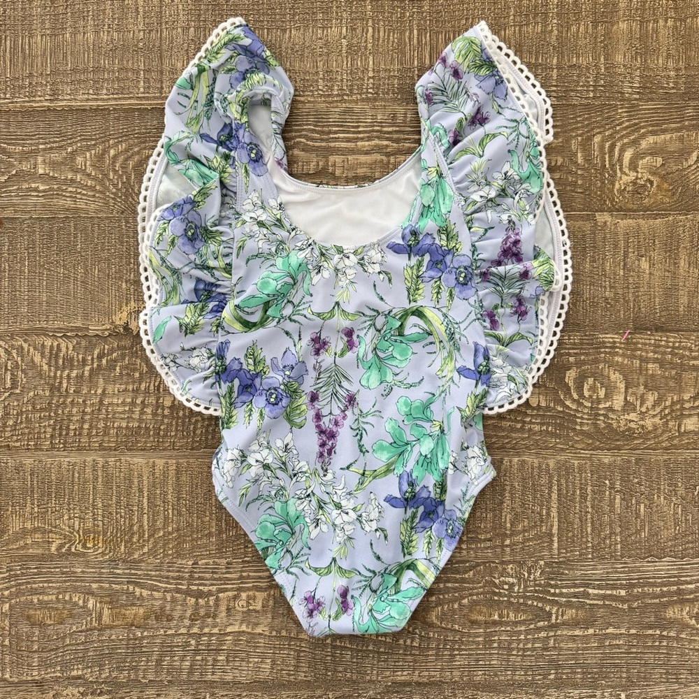 Janie and Jack Floral Ruffle One Piece Swimsuit Lavender Fields 4 NWOT - Picture 7 of 9